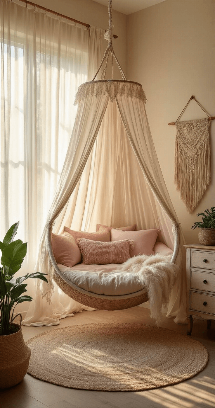 An intimate guest bedroom with a suspended cocoon bed wrapped in a sheer canopy, blush pink and dove gray bedding, warm golden hour light filtering through gauzy curtains, and bohemian decor including macramé wall hangings and potted plants.