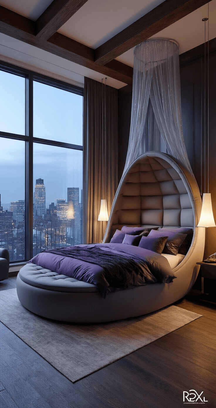 Luxurious primary suite at twilight with an oversized cocoon bed, layered gray and purple bedding, sheer metallic-thread curtains, high ceilings, exposed wooden beams, and city skyline views, featuring modern dark wood and leather furniture, accent lighting enhancing the rich color palette.