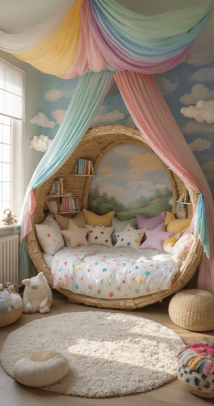 A whimsical child's bedroom featuring a fairytale-inspired cocoon bed resembling a bird's nest, surrounded by a mural of a fantastical sky, cloud-shaped bookshelves, and a variety of plush animals, all bathed in soft, warm afternoon sunlight.