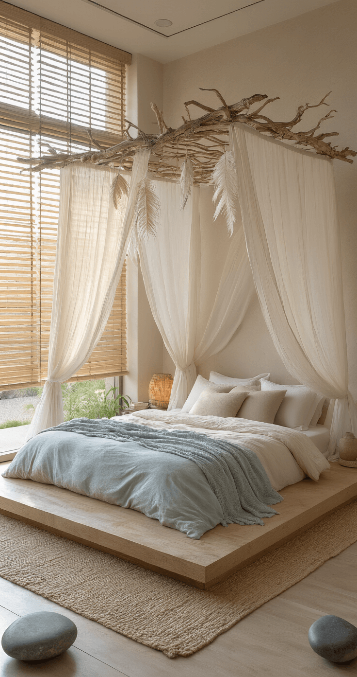 A serene bedroom at dawn featuring a Zen-inspired cocoon bed with diaphanous curtains, a minimalist driftwood canopy, and bedding in sand, stone, and pale blue tones. The room is adorned with a living wall of air plants, smooth river stones, and a meditative water feature, all under soft, diffused lighting that enhances the tranquil atmosphere.