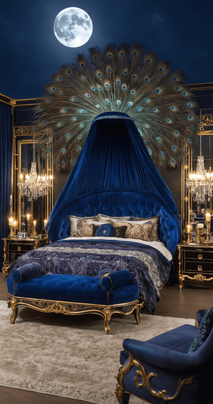 An opulent bedroom suite at midnight, featuring a luxurious cocoon bed with a curved peacock-tail frame, draped in midnight blue velvet and accented with iridescent feathers. Surrounding Art Deco furniture in dark wood and gold adds to the ambiance, illuminated by moonlight and flickering candles. The rich color scheme includes deep hues of sapphire, emerald, and amethyst with gold accents, enhanced by a crystal chandelier and mirrored surfaces, creating dramatic shadows and textures.