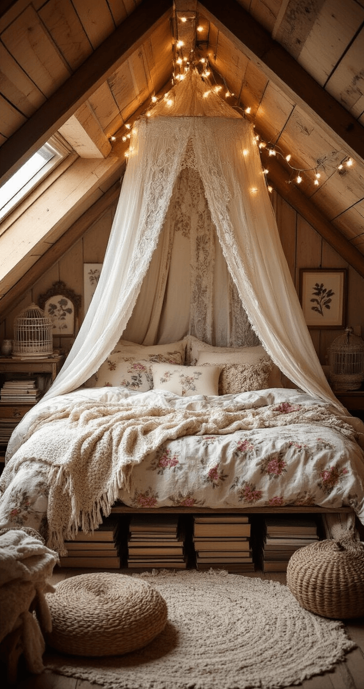 A cozy attic bedroom featuring a rustic cocoon bed under a sloped ceiling, adorned with vintage lace, mismatched floral bedding, soft knit blankets, and eclectic decor including stacks of books and antique birdcages, all illuminated by warm string lights in a palette of cream, dusty rose, and sage green.