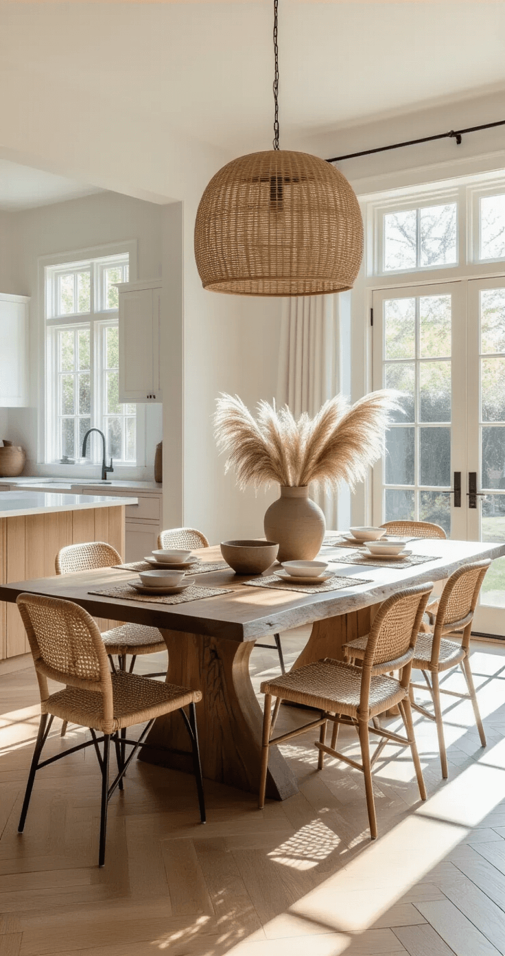 Organic Modern Dining Tables: Nature-Inspired Elegance for Your Home A sunlit open-plan dining area featuring a live-edge walnut table with black hairpin legs, surrounded by woven rattan chairs, under a large rattan pendant lamp, with warm white walls and oak herringbone floors, styled with pampas grass and handmade pottery.