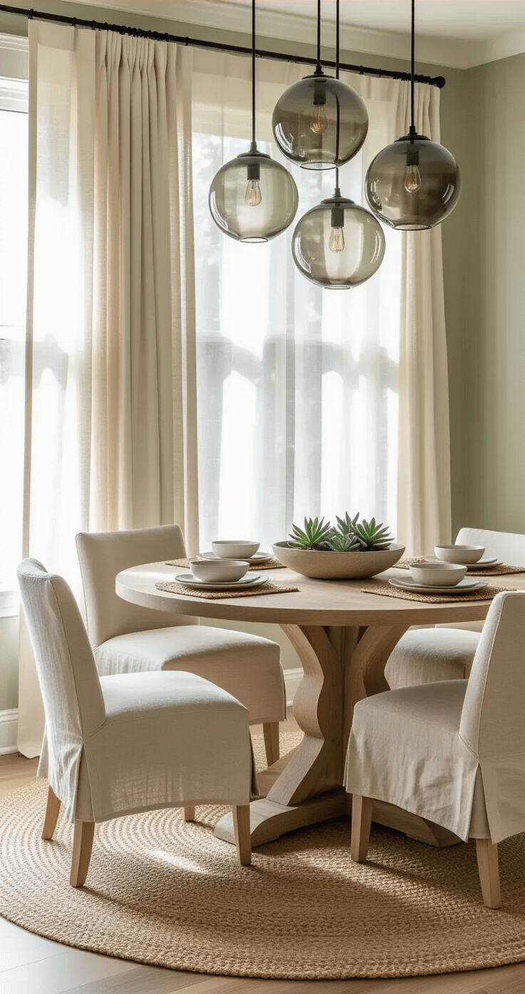 Organic Modern Dining Tables: Nature-Inspired Elegance for Your Home Intimate dining nook with a round teak table surrounded by upholstered linen chairs, illuminated by soft morning light through sheer curtains, featuring smoked glass pendant lights, pale sage green walls, and a jute rug.