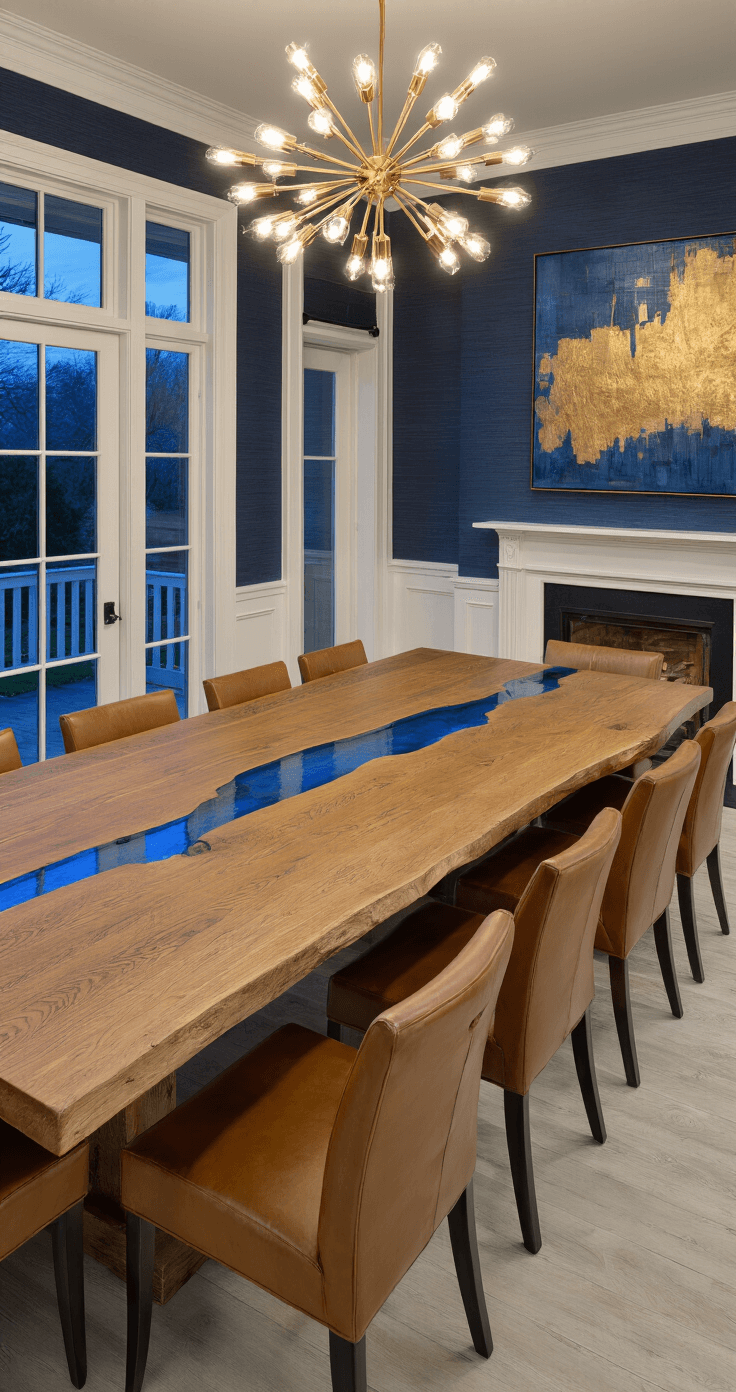 Organic Modern Dining Tables: Nature-Inspired Elegance for Your Home Expansive formal dining room at dusk featuring a reclaimed oak table with blue epoxy, cognac leather chairs, dark navy grasscloth wallpaper, and warm chandelier lighting, exuding a sophisticated yet organic ambiance.