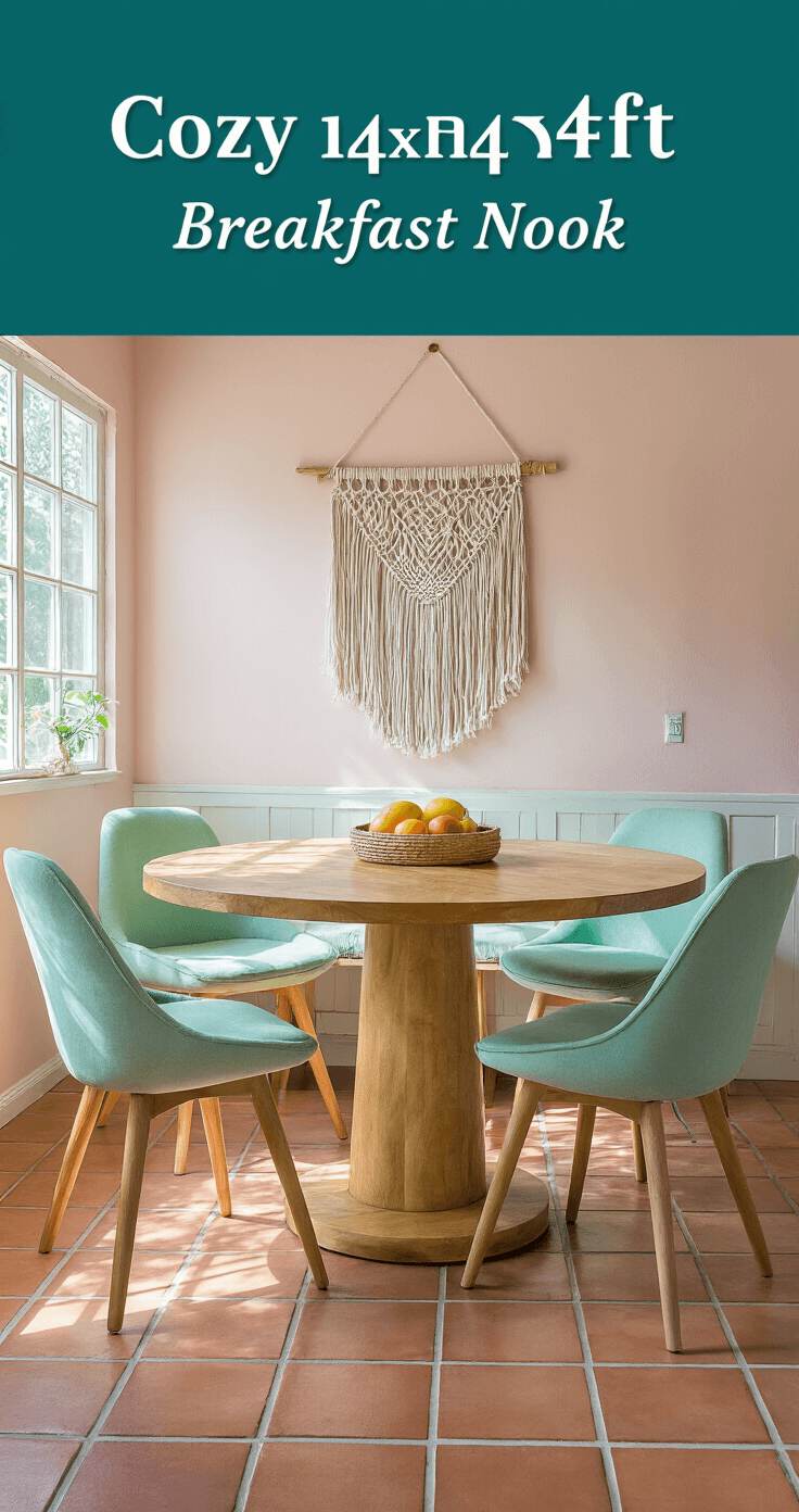 Organic Modern Dining Tables: Nature-Inspired Elegance for Your Home Cozy breakfast nook featuring a round mango wood pedestal table with mint green mid-century modern chairs, surrounded by blush pink walls, a macramé wall hanging, terracotta tiles, and cheerful decor including a tiered fruit stand and potted herbs, all flooded with late morning sunlight.