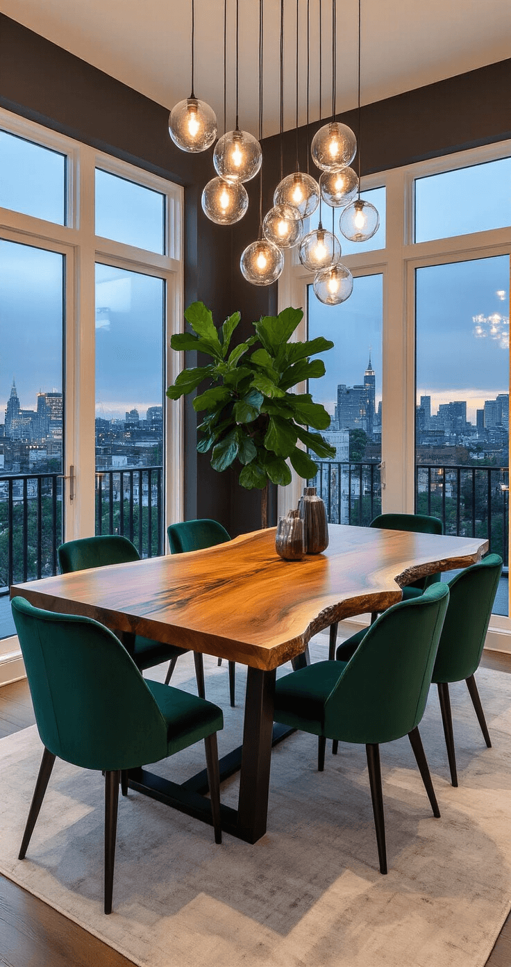 Organic Modern Dining Tables: Nature-Inspired Elegance for Your Home Dramatic dining space at twilight featuring a live-edge acacia wood table with black metal legs, surrounded by deep emerald green velvet chairs, with glass orb pendants overhead, overlooking a city skyline through floor-to-ceiling windows.