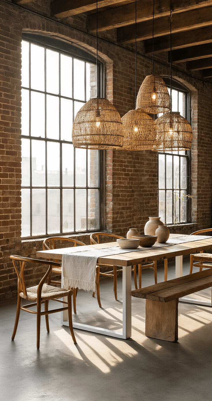 Organic Modern Dining Tables: Nature-Inspired Elegance for Your Home Airy dining area in a converted loft featuring an ash wood table with bentwood chairs and a wood bench, surrounded by exposed brick walls and polished concrete floors, illuminated by golden late afternoon sunlight through industrial windows, with woven bamboo pendant lights overhead and styled with a linen table runner and vintage pottery.