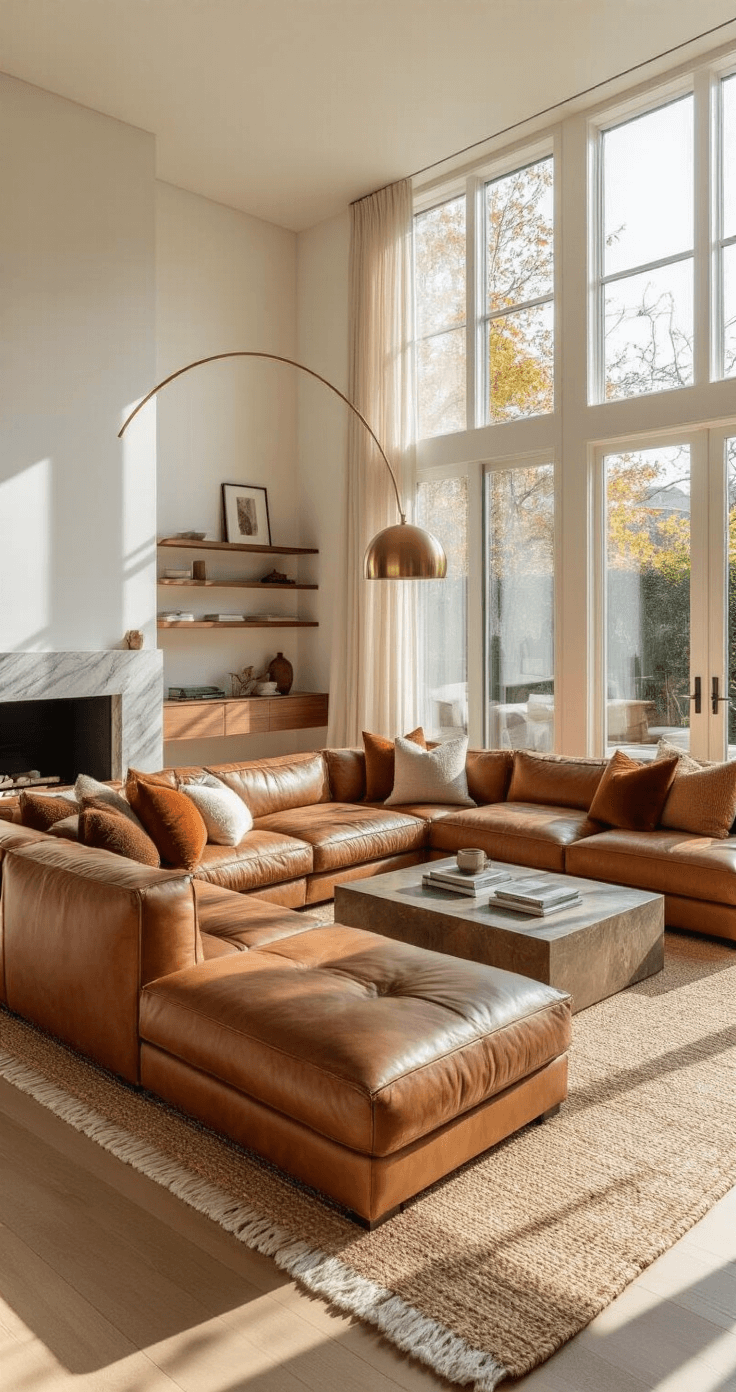 A spacious open-plan living area featuring a cognac leather sectional and marble fireplace, bathed in warm sunlight through floor-to-ceiling windows, with textured throw pillows and a jute area rug.