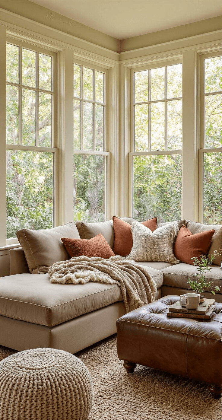 Cozy den with taupe suede chaise sectional, bay window view of a lush garden, earthy throw blankets, leather ottoman with books and wildflowers, woven baskets for storage, warm morning light.
