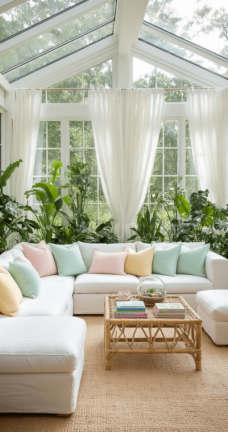 A bright sunroom with a modular sectional in white linen, pastel pillows, lush indoor plants, a rattan coffee table with art books and a terrarium, sheer white curtains, and a jute area rug, all illuminated by morning light.