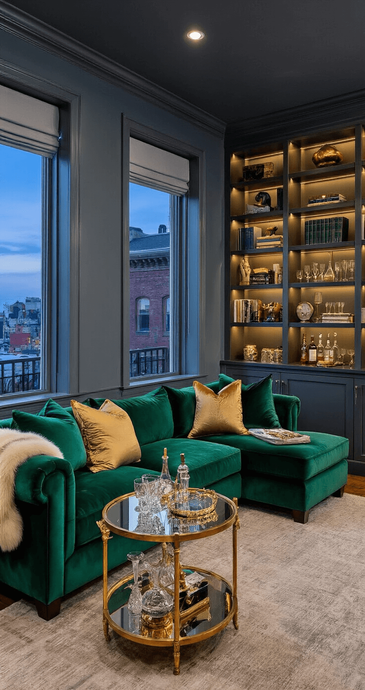 A sophisticated home office-cum-lounge with an emerald velvet sectional, built-in bookshelves, a sleek desk, and moody lighting at dusk, showcasing rich colors and a plush Oriental rug.