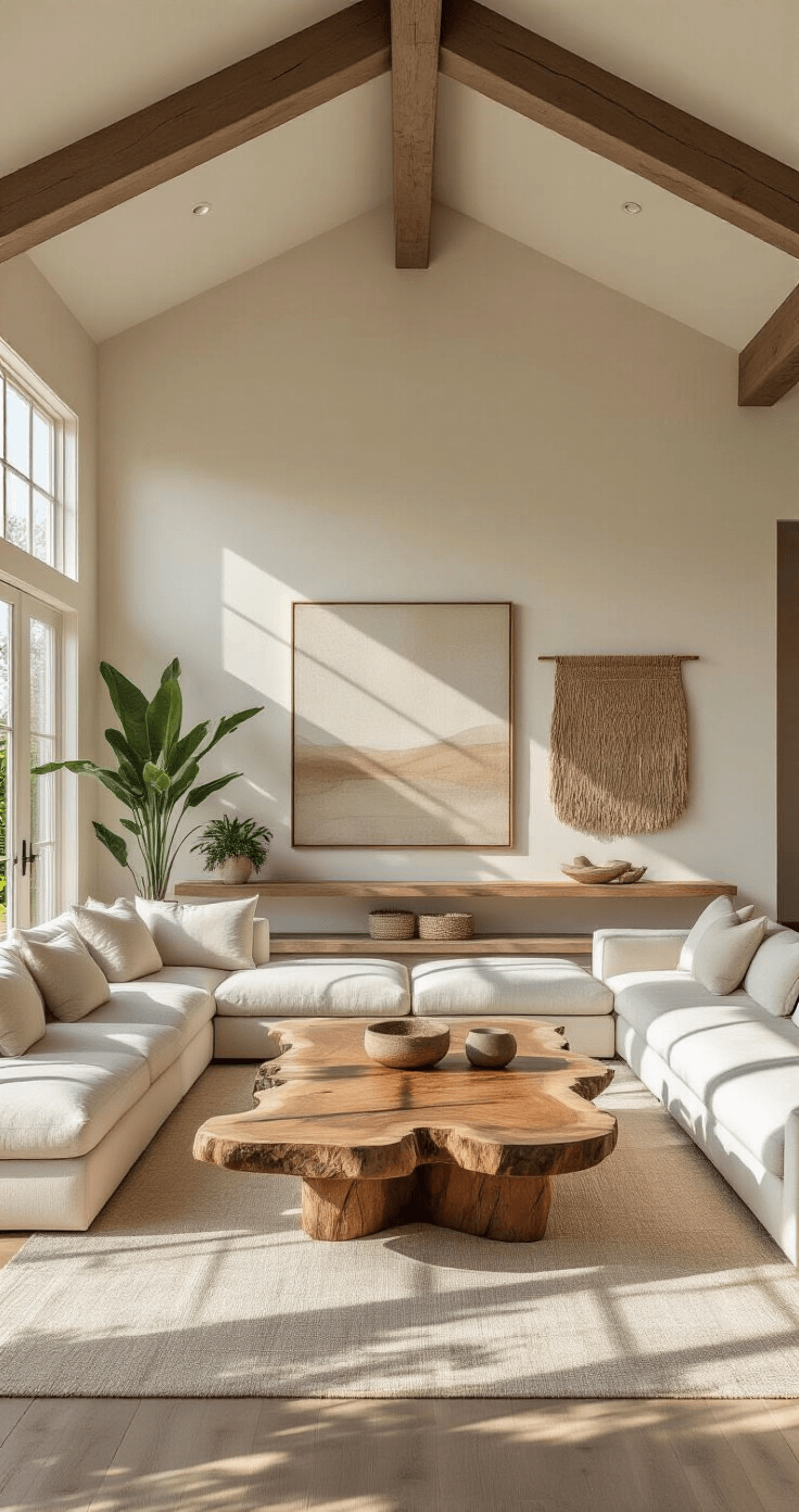 A sunlit living room with vaulted ceilings and wooden beams, featuring floor-to-ceiling windows, a live-edge wood coffee table, beige sofas, and a gallery of organic modern art, complemented by potted plants and a warm color palette.