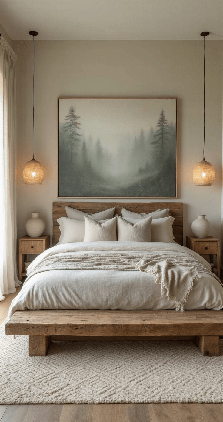 A serene bedroom featuring a reclaimed wood platform bed adorned with organic cotton and linen bedding in soft sand and stone tones, illuminated by early morning light through sheer curtains. A misty forest abstract painting hangs above the headboard, with handcrafted ceramic lamps on either side providing warm ambient light. A textured wool rug with a subtle geometric pattern adds depth to the neutral color scheme, accented by hints of sage and clay, captured from a low angle perspective at the foot of the bed.