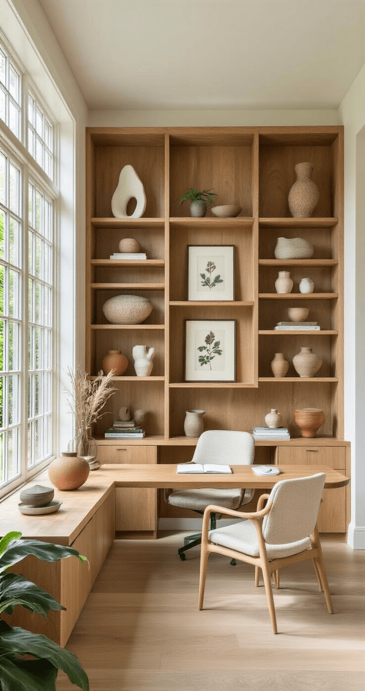 Spacious home office featuring a built-in shelving wall made of sustainably sourced wood, flooded with mid-morning light. The room includes a light oak curved desk, ergonomic linen-upholstered chair, eclectic decor of organic sculptures, handmade pottery, small plants, and framed botanical prints, all in warm wood tones, crisp whites, and accents of forest green and terra cotta.