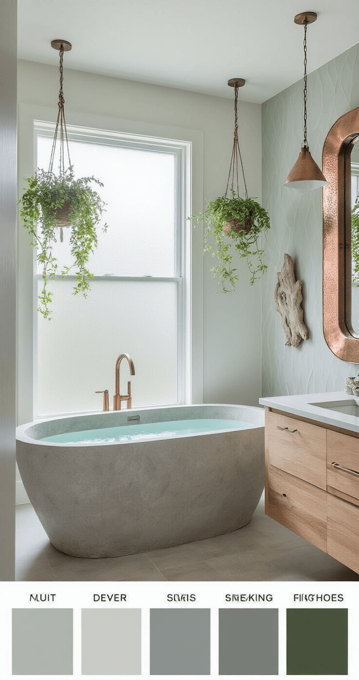 A tranquil bathroom featuring a freestanding stone bathtub surrounded by pale grey textured walls, warm wood floating vanity, hammered copper mirror, hanging plants, and driftwood art, illuminated by soft, diffused light.