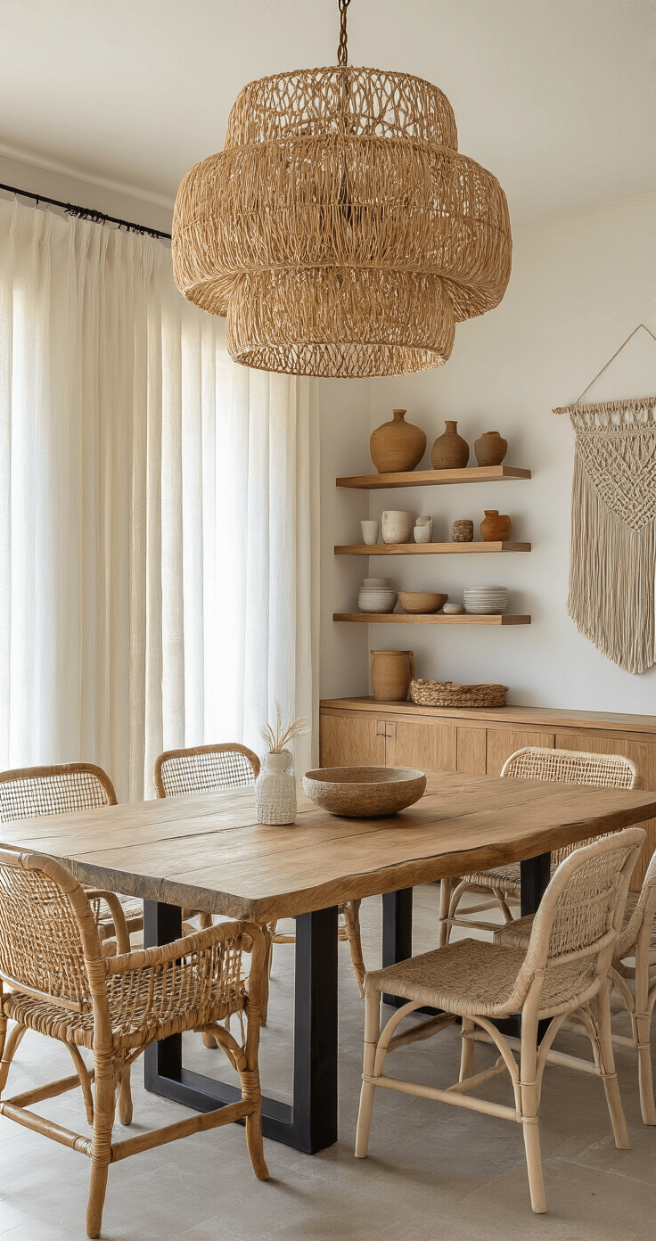 A cozy dining room with an organic modern chandelier, a live-edge wood dining table, and mix-and-match natural material chairs, illuminated by warm golden hour light filtering through sheer curtains, featuring a macramé wall hanging and open shelving with artisanal ceramics.