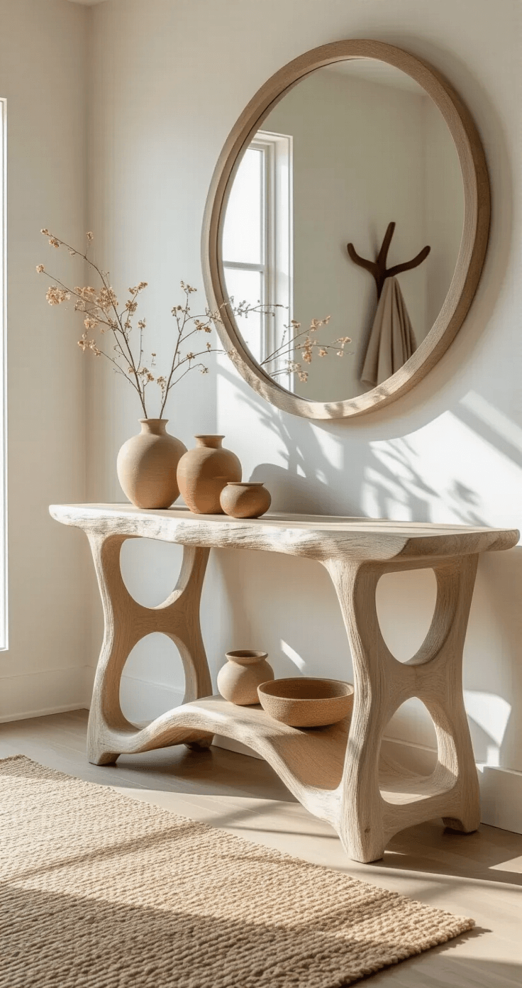 A minimalist entryway featuring a bleached driftwood console table with handmade ceramic vessels, a large round mirror with an irregular wooden frame, a jute runner, and a sleek curved wood coat rack, all illuminated by natural light from a nearby window.
