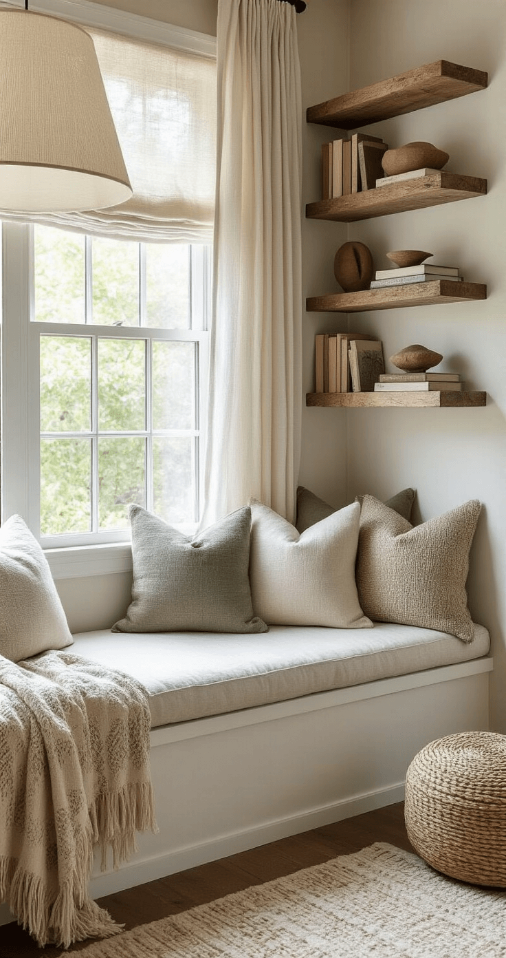 A cozy reading nook in a bay window features a plush window seat with natural linen cushions and earthy-toned pillows, surrounded by floating reclaimed wood shelves displaying books and sculptures, illuminated by soft afternoon light and a sculptural floor lamp.