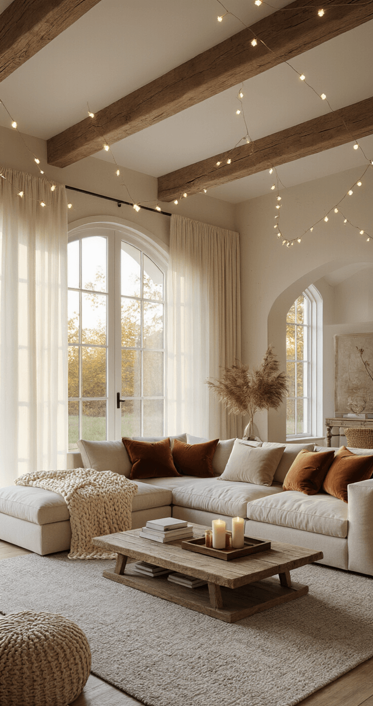 A spacious living room featuring vaulted ceilings and large bay windows, illuminated by golden hour light filtering through sheer curtains. An L-shaped sofa with a chunky cream knit throw and muted earth-toned cushions, a rustic wooden coffee table with candles and books, and string lights along wooden beams create a cozy atmosphere. A soft grey area rug anchors the room, while background elements remain softly focused.