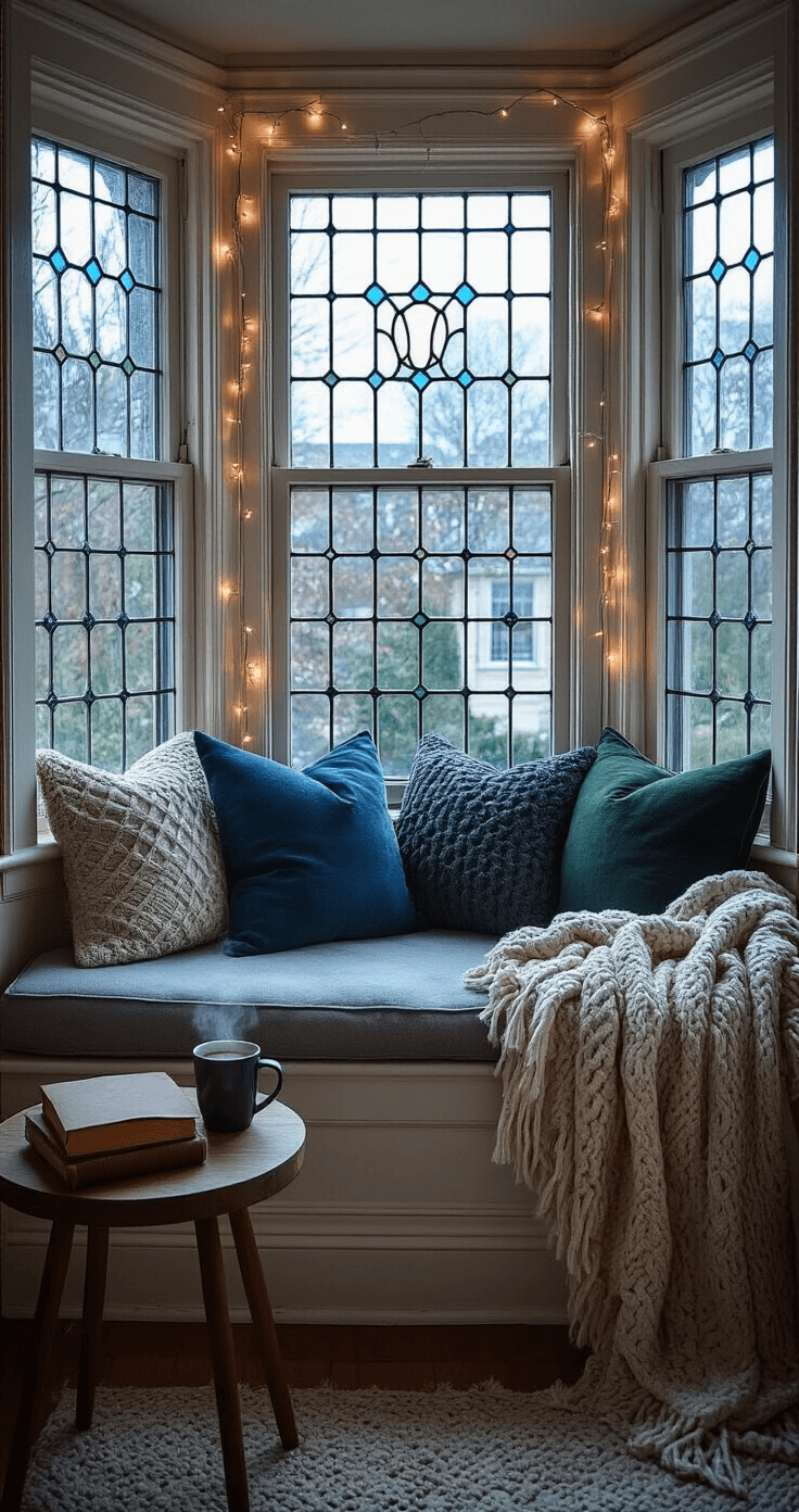 A cozy corner nook in a Victorian-style bay window at twilight, featuring a cushioned window seat adorned with various textured pillows and an oatmeal throw blanket, a wooden side table with a steaming mug and a leather-bound book, and twinkling fairy lights illuminating the scene.