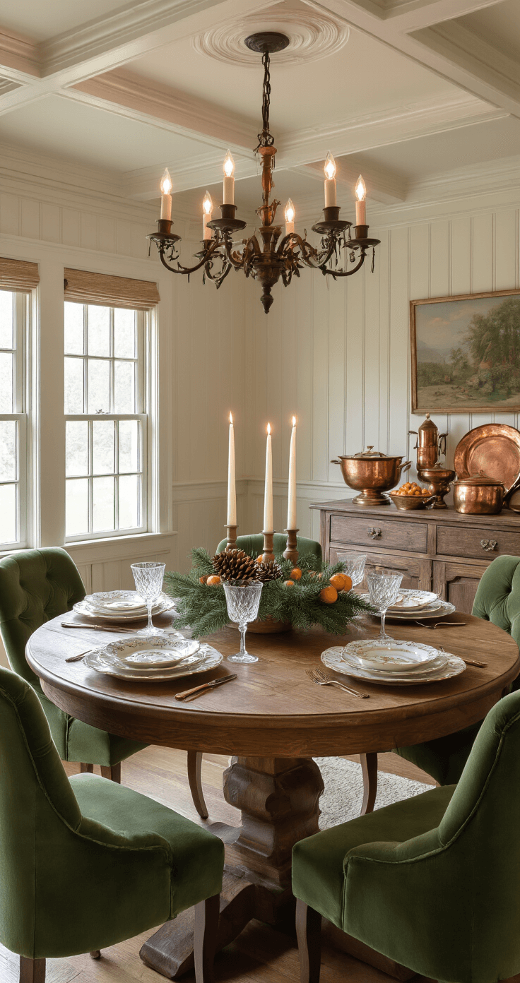 An intimate dining room featuring wainscoting and a coffered ceiling, softly illuminated by candlelight from a rustic chandelier and various candle holders. A round wooden table set for four with mismatched vintage china and crystal glassware, adorned with a centerpiece of pinecones, evergreen sprigs, and white pillar candles. Rich mossy green velvet chairs surround the table, while a sideboard displays copper serving pieces and a large bowl of clementines, all captured at table height to emphasize the warm atmosphere and flickering candlelight.