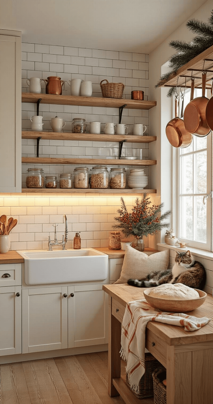 A cozy compact kitchen featuring warm evening light, a farmhouse sink with evergreen branches, open shelves displaying eclectic pottery and vintage copper pots, a wooden island with rising dough, and a cat resting on a window seat, all highlighted by a soft focus on the background.