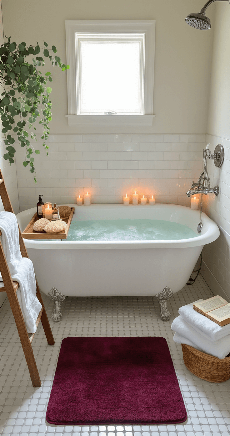 A luxurious bathroom featuring a claw-foot tub at dusk, illuminated by candlelight and steam, surrounded by wooden bath trays with essentials, stacked fluffy white towels, a deep burgundy bathmat on white penny tiles, and eucalyptus branches hanging from the shower head.