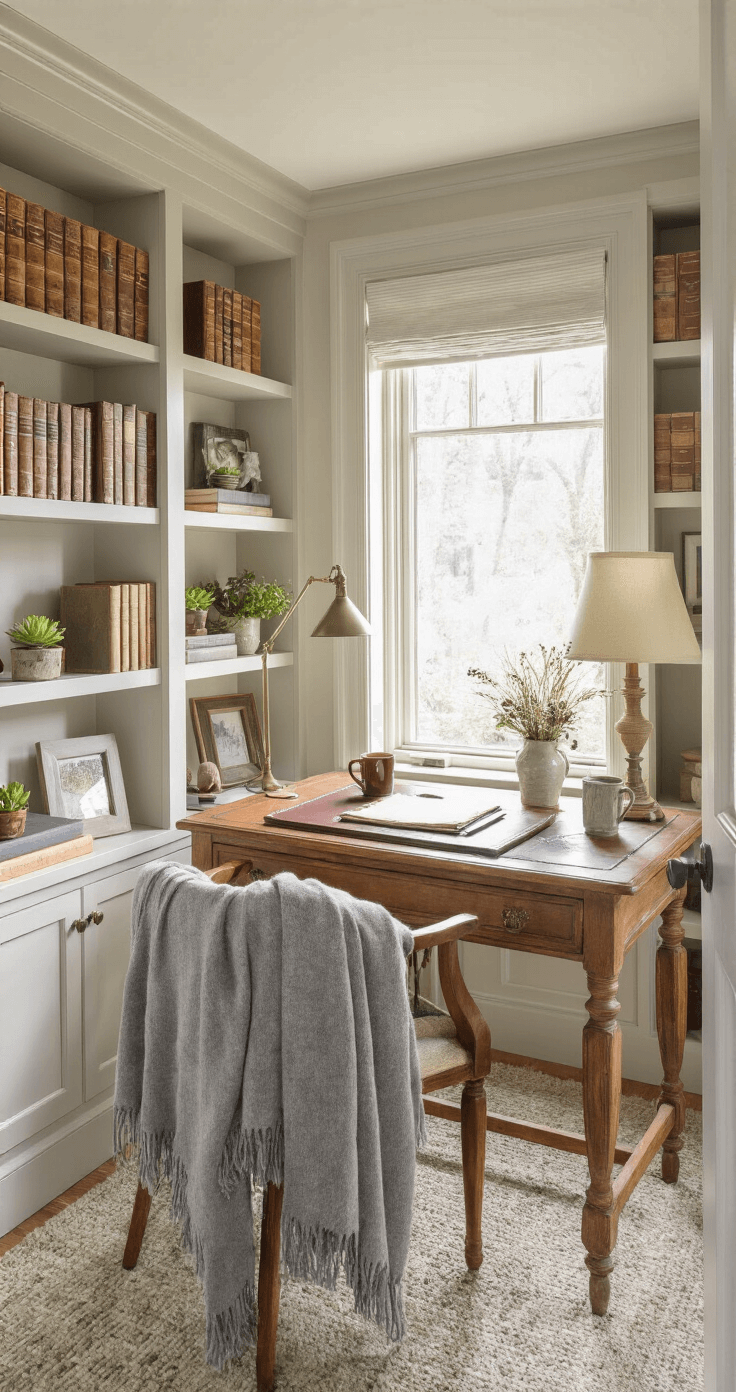 A cozy home office nook featuring a vintage writing desk with a leather blotter, a steaming mug of tea, and dried wildflowers, bathed in mid-morning light. Built-in bookshelves filled with books and personal items, a warm glow from a floor lamp, and a soft cashmere throw draped over the chair create an inviting atmosphere.