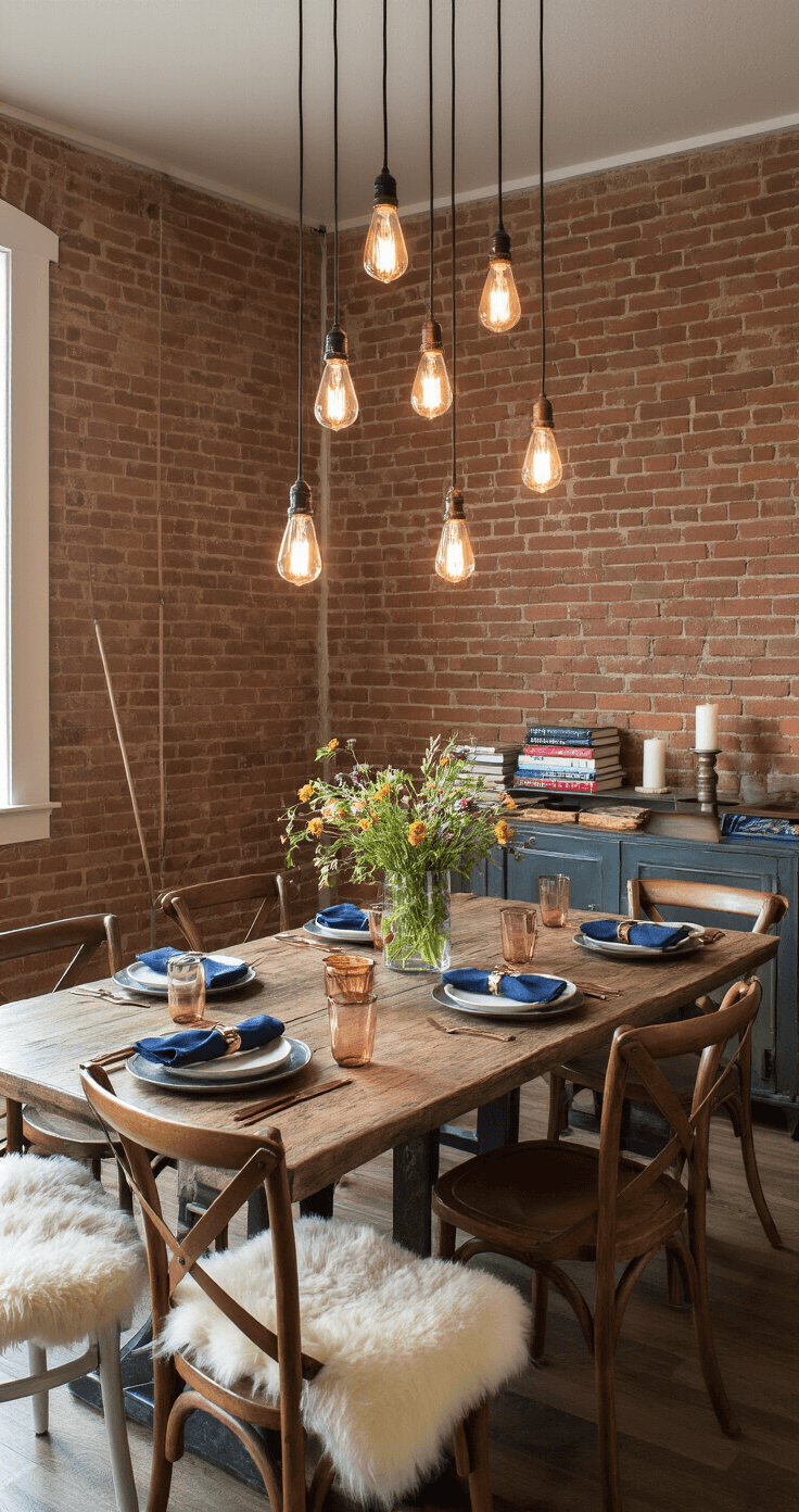 A cozy dining space in a 12x12 room with exposed brick walls, featuring pendant lights, a rustic wooden table set for four, mismatched wooden chairs with sheepskin throws, and a centerpiece of wildflowers. The warm lighting enhances the earthy color scheme and deep blue table settings.