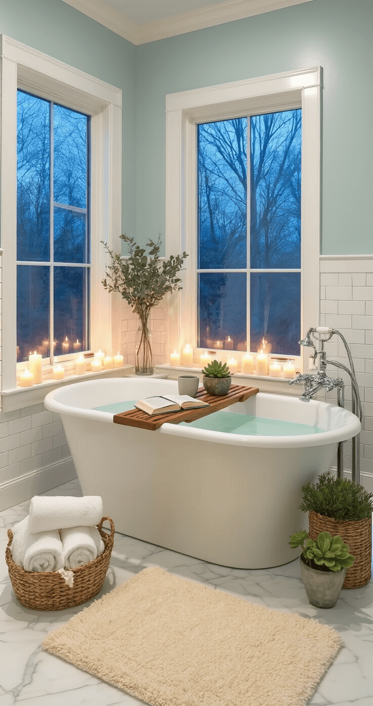 A tranquil bathroom featuring a clawfoot tub surrounded by candles, a wooden bath tray with a book and mug, and soothing pale blue walls, creating a spa-like atmosphere at dusk.