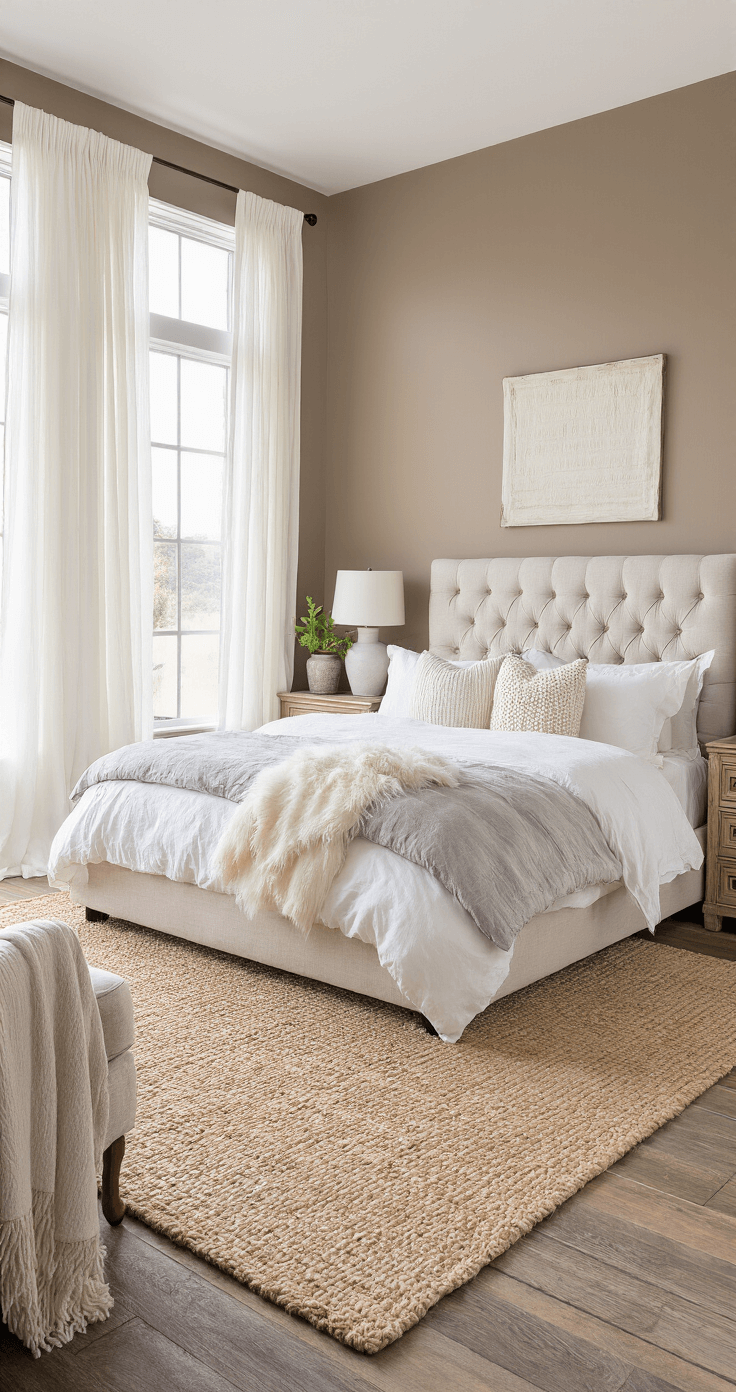 A cozy bedroom with a king-size bed featuring a tufted linen headboard, layered soft bedding in white and gray, chunky knit pillows, and a faux fur throw. Sheer curtains billow from floor-to-ceiling windows, with weathered wood bedside tables holding ceramic lamps and potted plants. A vintage armchair draped with a throw is in the corner, and a large jute rug covers the hardwood floor. The walls are warm taupe, illuminated by soft morning light, creating a tranquil atmosphere.