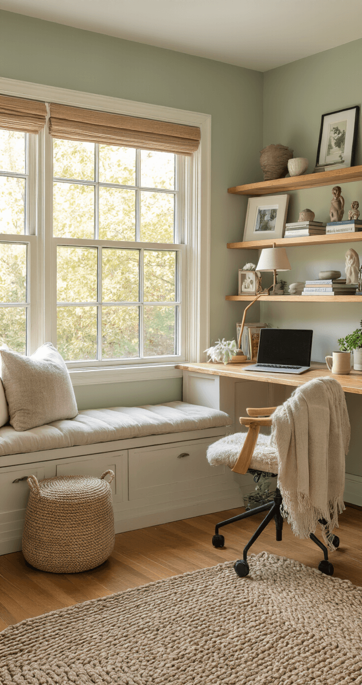 A cozy hygge-inspired home office featuring a wooden desk with a laptop and ceramic mug, a plush window seat, and warm natural light from a large window, complemented by sage green walls and a braided wool rug.