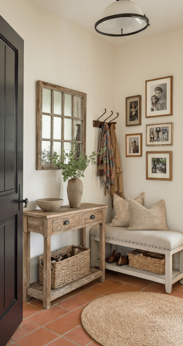 A welcoming entryway with soft afternoon light filtering through a frosted glass door, featuring a reclaimed wood console table with a large mirror, a ceramic bowl for keys, a woven basket for shoes, a vintage coat rack with scarves and jackets, a gallery of framed photos, a bench with a tufted cushion, and a jute rug on terracotta tiles, all in warm earthy tones with touches of deep green.