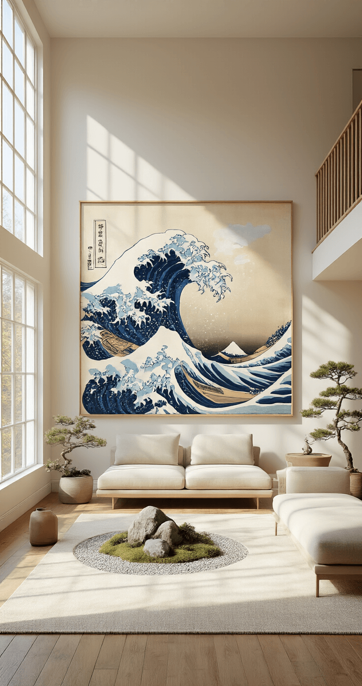 A spacious sunlit living room featuring high ceilings, large windows, and a focal ukiyo-e print of The Great Wave off Kanagawa on the main wall, complemented by a beige sofa, minimalist side tables, and Zen-inspired decor, all bathed in soft natural light.