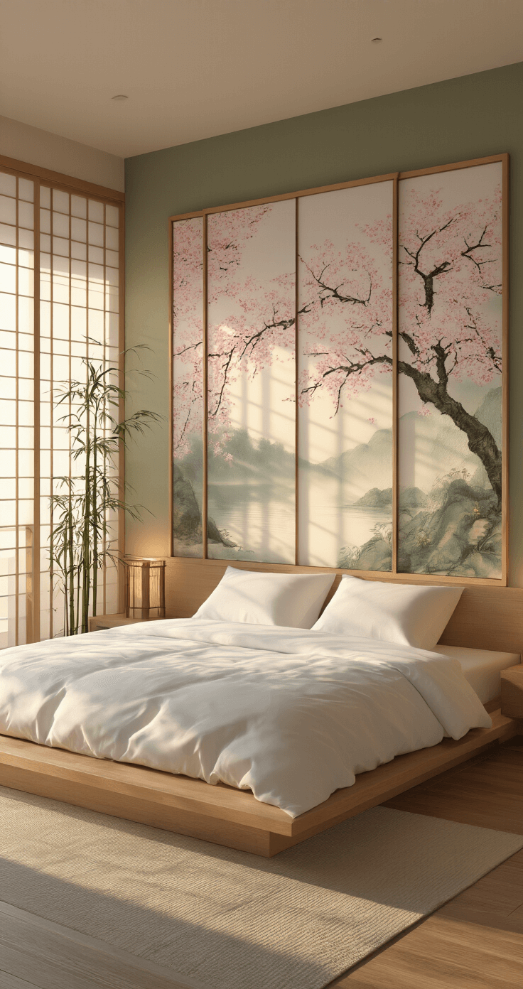 A serene bedroom featuring sliding shoji screens, golden hour light, a three-panel cherry blossom artwork above a low platform bed, wooden nightstands, and potted bamboo plants, creating a tranquil ambiance.