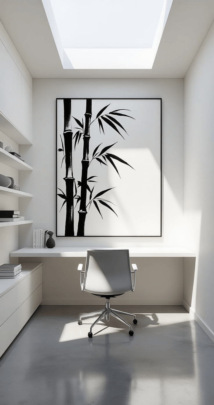A minimalist home office featuring a large sumi-e ink painting of bamboo on a white wall, a sleek white desk and ergonomic chair, built-in floating shelves with art objects, and polished concrete floors reflecting midday light from a skylight, with dramatic shadows and high-contrast lighting.