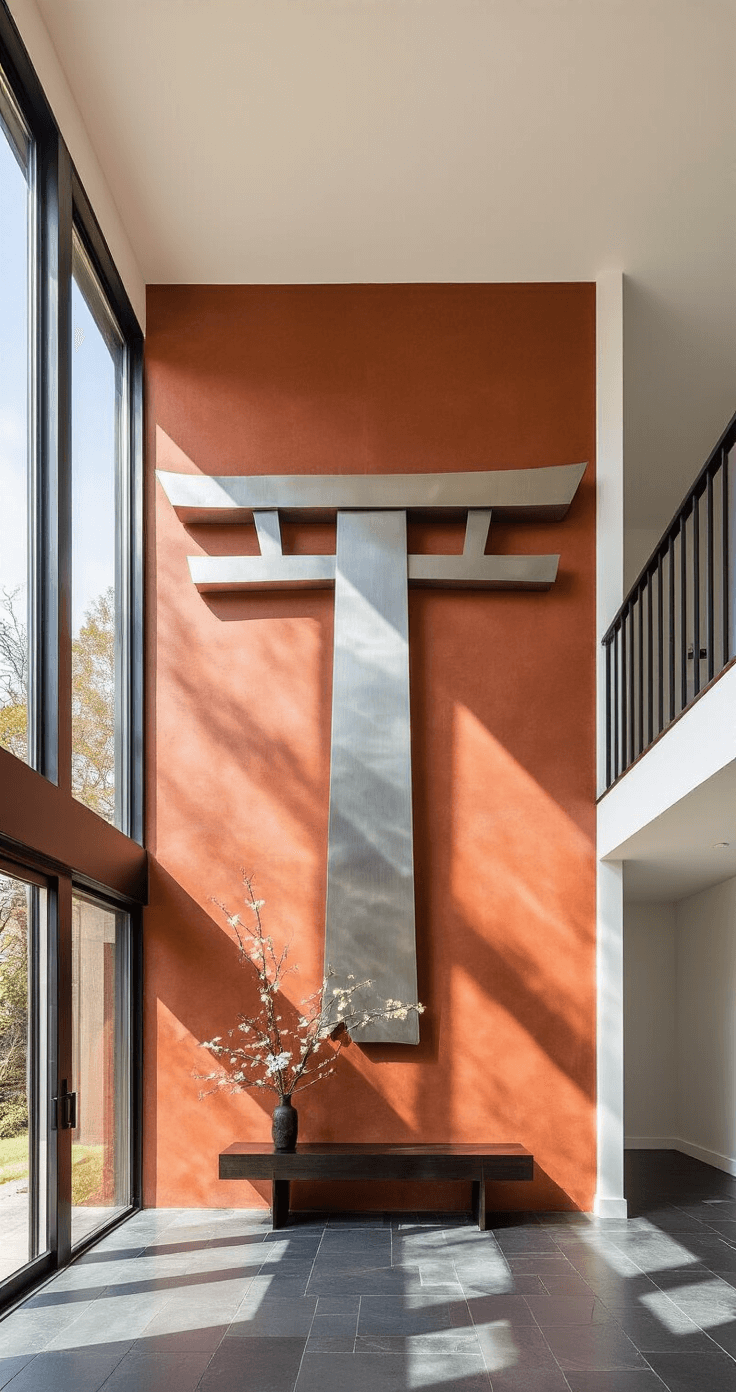 A modern double-height entryway with a sleek torii gate sculpture on a terracotta wall, illuminated by afternoon light through tall windows, featuring a minimalist console table with an ikebana arrangement and large-format slate tiles.