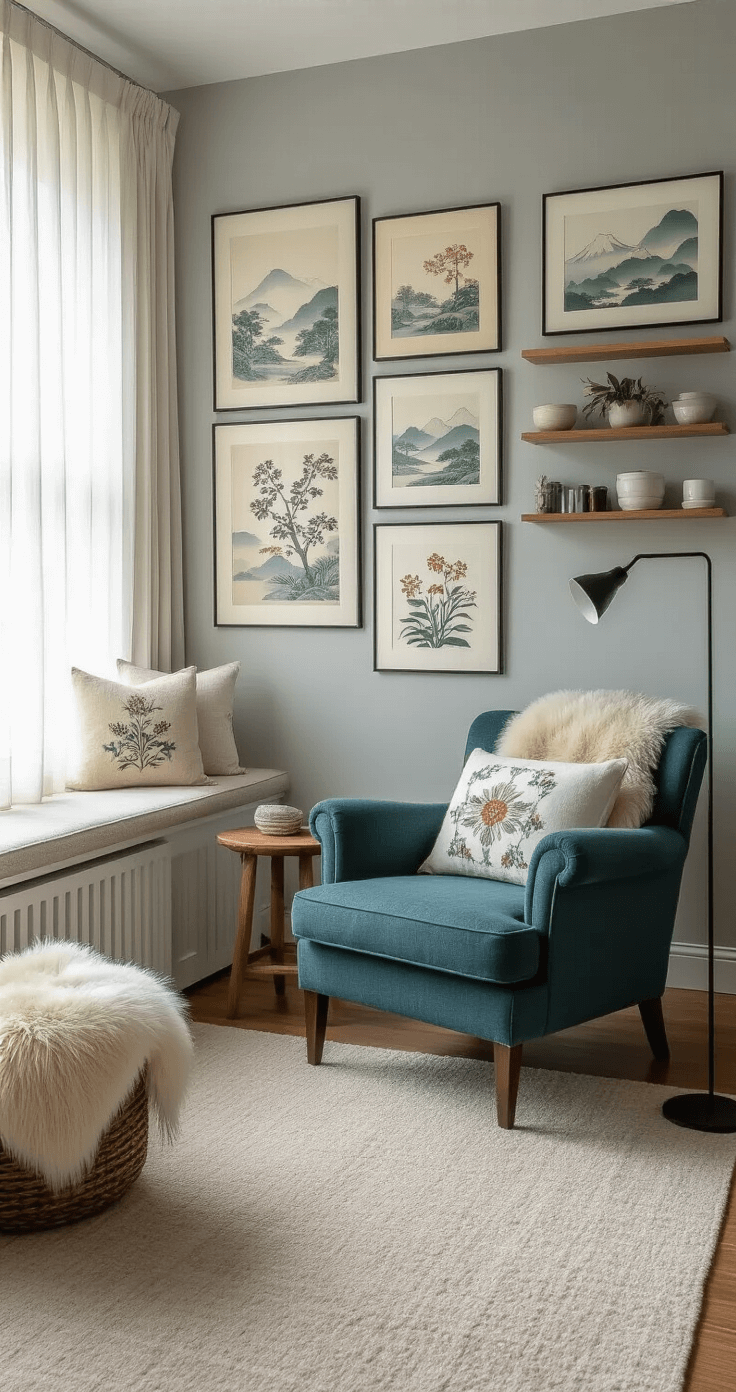 Cozy reading nook in a bay window featuring a gallery wall of Japanese prints, deep teal armchair with cushions, a wooden side table and floor lamp, fur throw, and floating shelves with ceramics and plants, bathed in soft morning light.