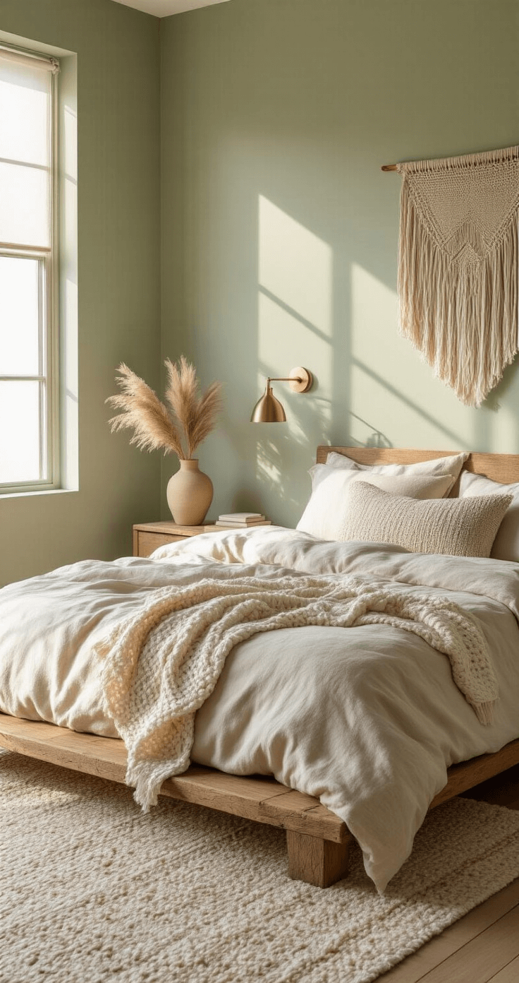 An intimate modern organic bedroom featuring a platform bed with reclaimed wood, dressed in rumpled linen and topped with a chunky knit throw. Sunlight streams through a west-facing window, casting shadows, while a macramé wall hanging and minimalist decor enhance the warm atmosphere.