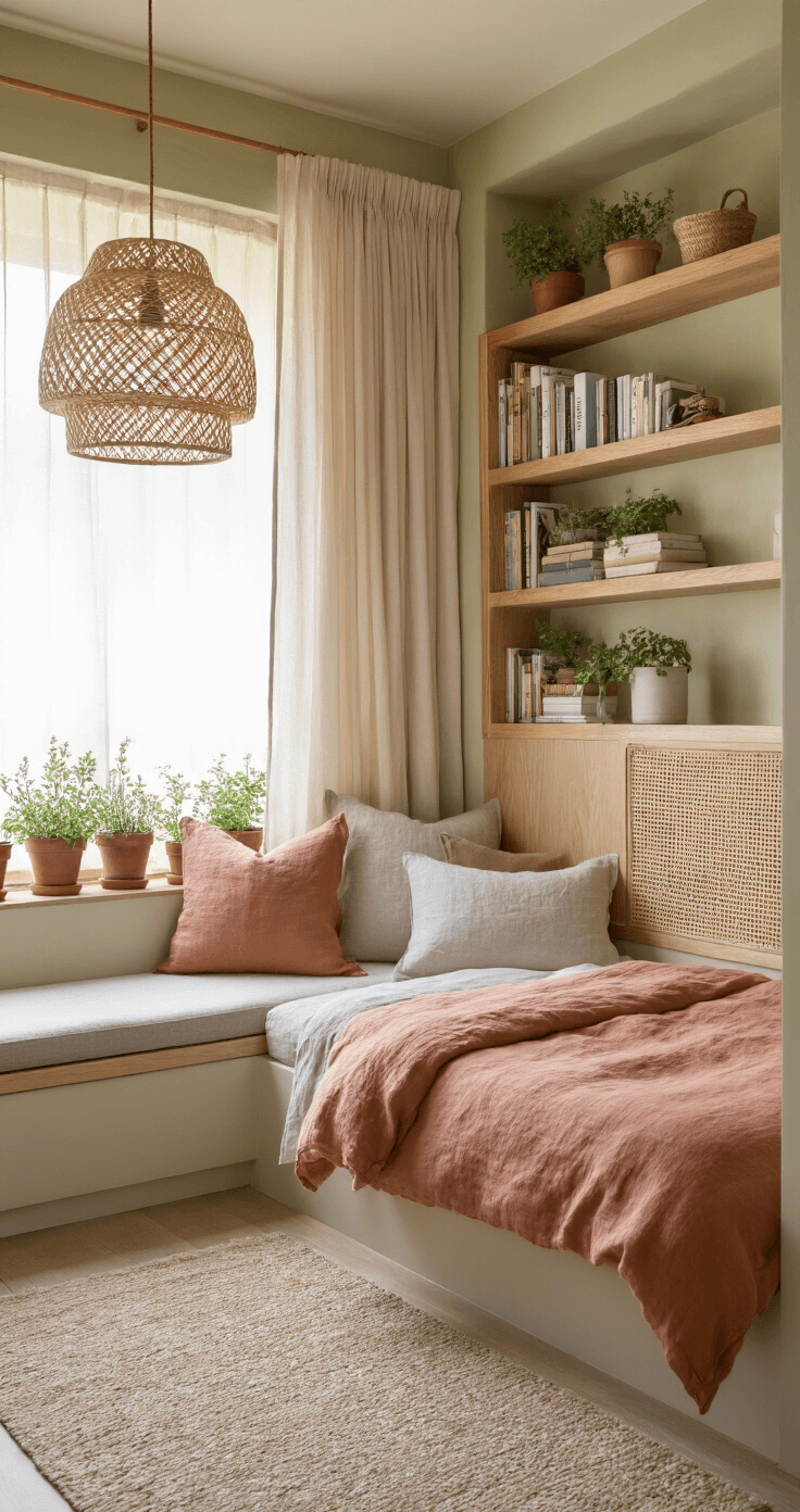 Cozy modern bedroom nook with built-in window seat, plush dove grey cushions, natural oak bookshelves, warm woven pendant light, sheer pale blush curtains, low-profile rattan bed with terracotta and sand linen bedding, potted herbs on windowsill, and textured warm white lime wash walls.