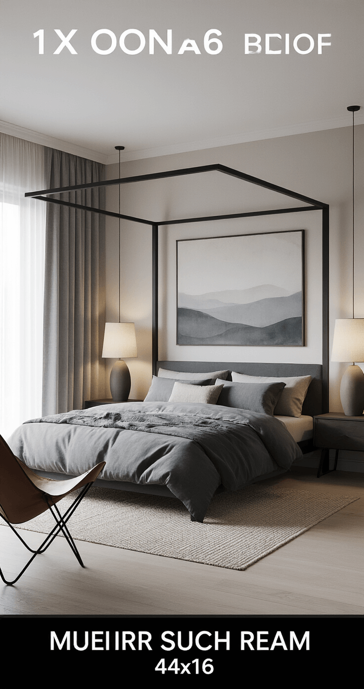 A serene modern organic master bedroom featuring a minimalist black four-poster bed with layered linen bedding, soft light filtering through sheer grey curtains, sculptural ceramic lamps, and a muted abstract landscape above the headboard, all set on pale oak floors with a geometric wool rug and a leather butterfly chair in the corner.