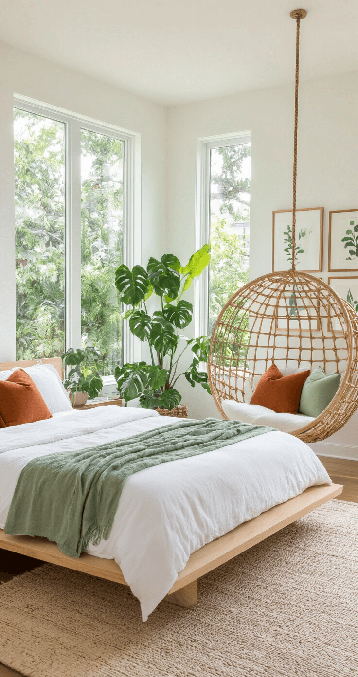 A modern organic bedroom with floor-to-ceiling windows showcasing lush greenery, featuring a light ash platform bed with white linens, a hanging rattan chair, botanical print gallery wall, and a large monstera plant in a ceramic pot, all under bright midday light.