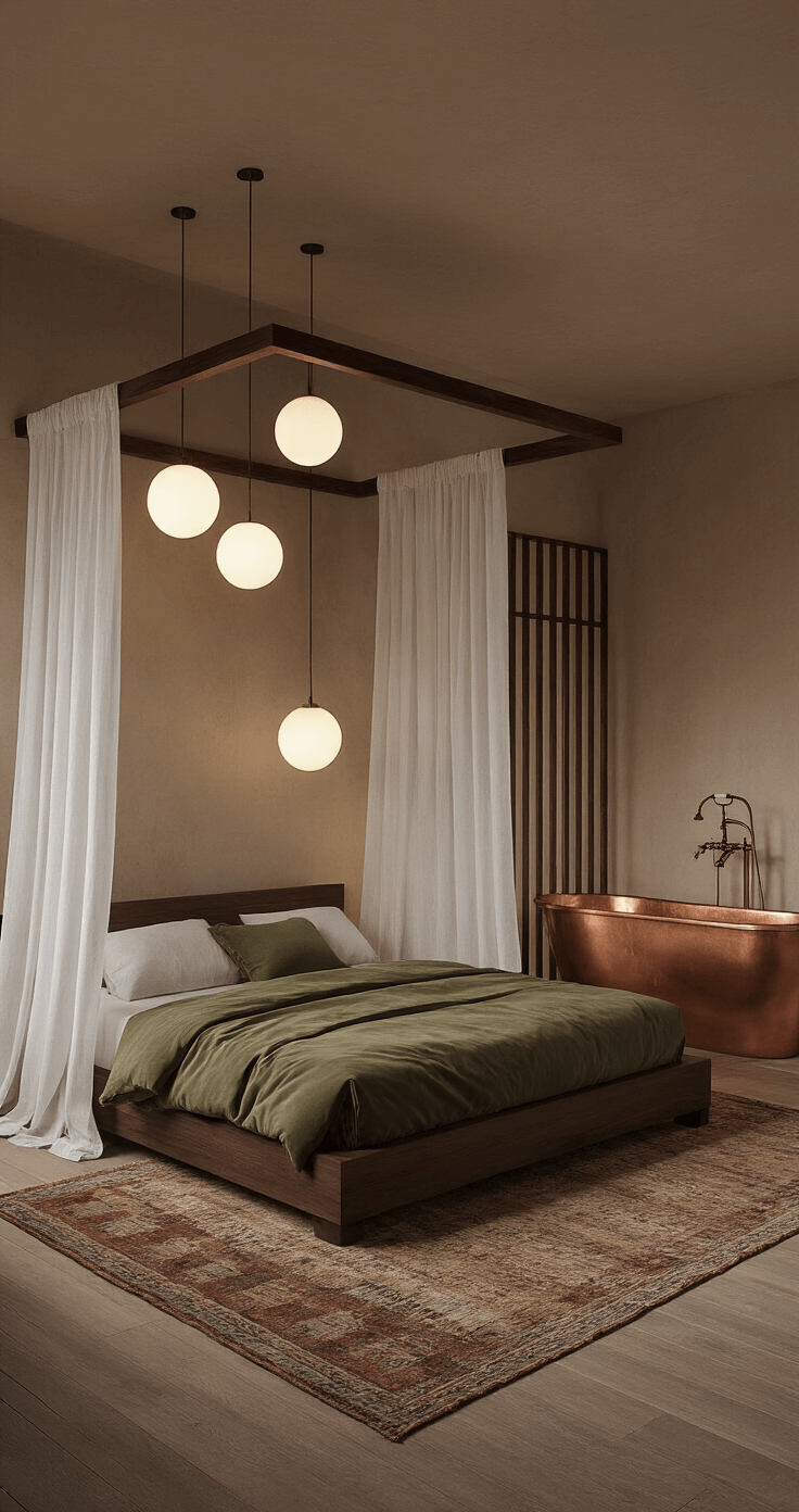 An elegant modern organic bedroom featuring a sleek walnut canopy bed with sheer white curtains and luxurious bedding, a vintage kilim rug on oak floors, a freestanding copper bathtub, and ambient lighting from globe pendant lights, all set against warm taupe plaster walls at twilight.