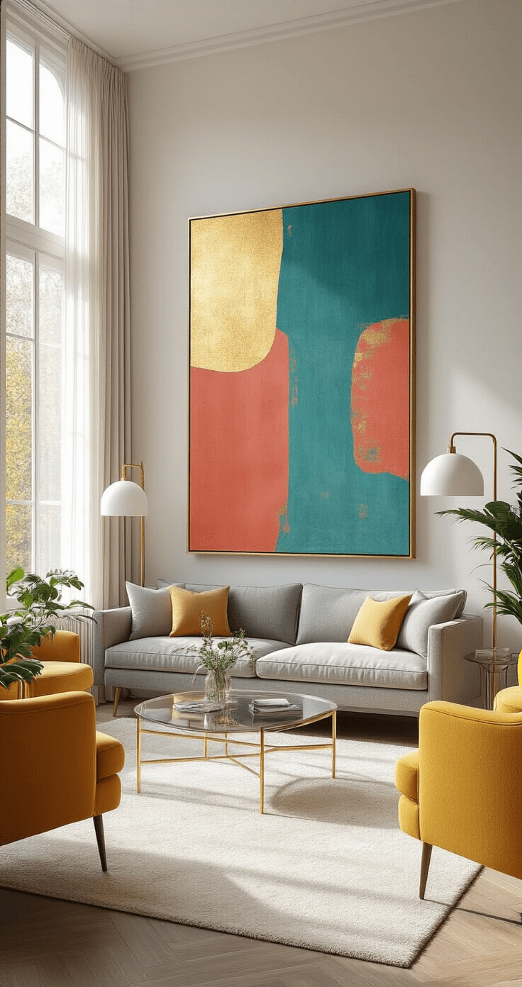 A spacious living room with high ceilings, large windows letting in warm afternoon light, featuring an oversized abstract canvas above a grey mid-century modern sofa, flanked by brass floor lamps, with a cream area rug, glass coffee table, mustard yellow accent chairs, and potted plants.