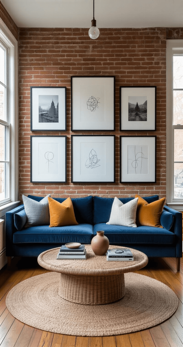 A cozy living room featuring exposed brick walls and hardwood floors, illuminated by golden hour light. A grid gallery wall showcases nine black frames with a mix of photographs and art. A deep blue velvet sofa with throw pillows sits below the gallery, accompanied by a round rattan coffee table adorned with art books and a ceramic vase. Accent lighting highlights the frames, enhancing the warm ambiance.