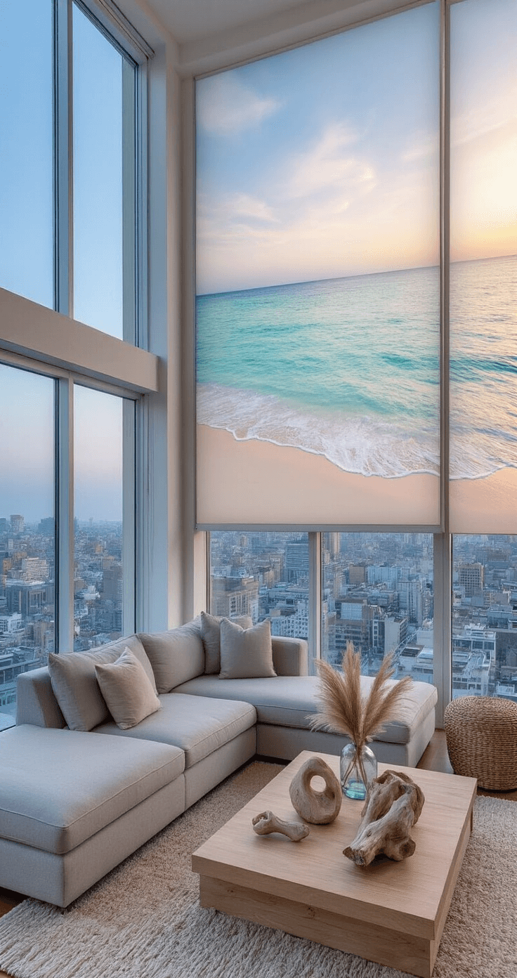 A modern open-concept living area featuring floor-to-ceiling windows with a cityscape at dusk, opposite a large serene beach print in soft pastels. A light grey L-shaped sectional faces the print with a wood coffee table, surrounded by coastal decor like driftwood and glass vases of pampas grass, all bathed in warm, dimmable lighting.