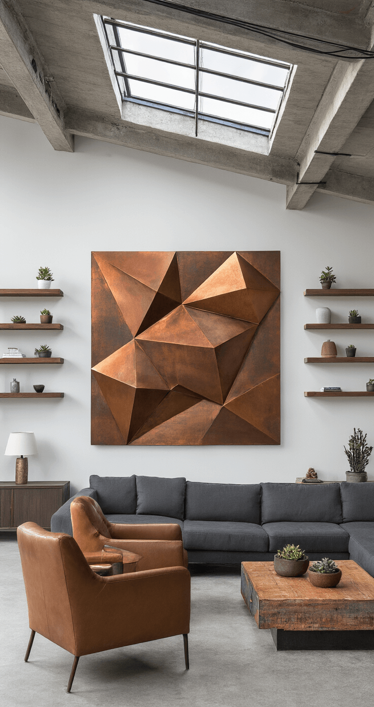 A modern loft-style living room featuring concrete floors, an abstract metal wall sculpture in copper and bronze, and a charcoal grey sectional with cognac leather armchairs, illuminated by afternoon light from skylights.