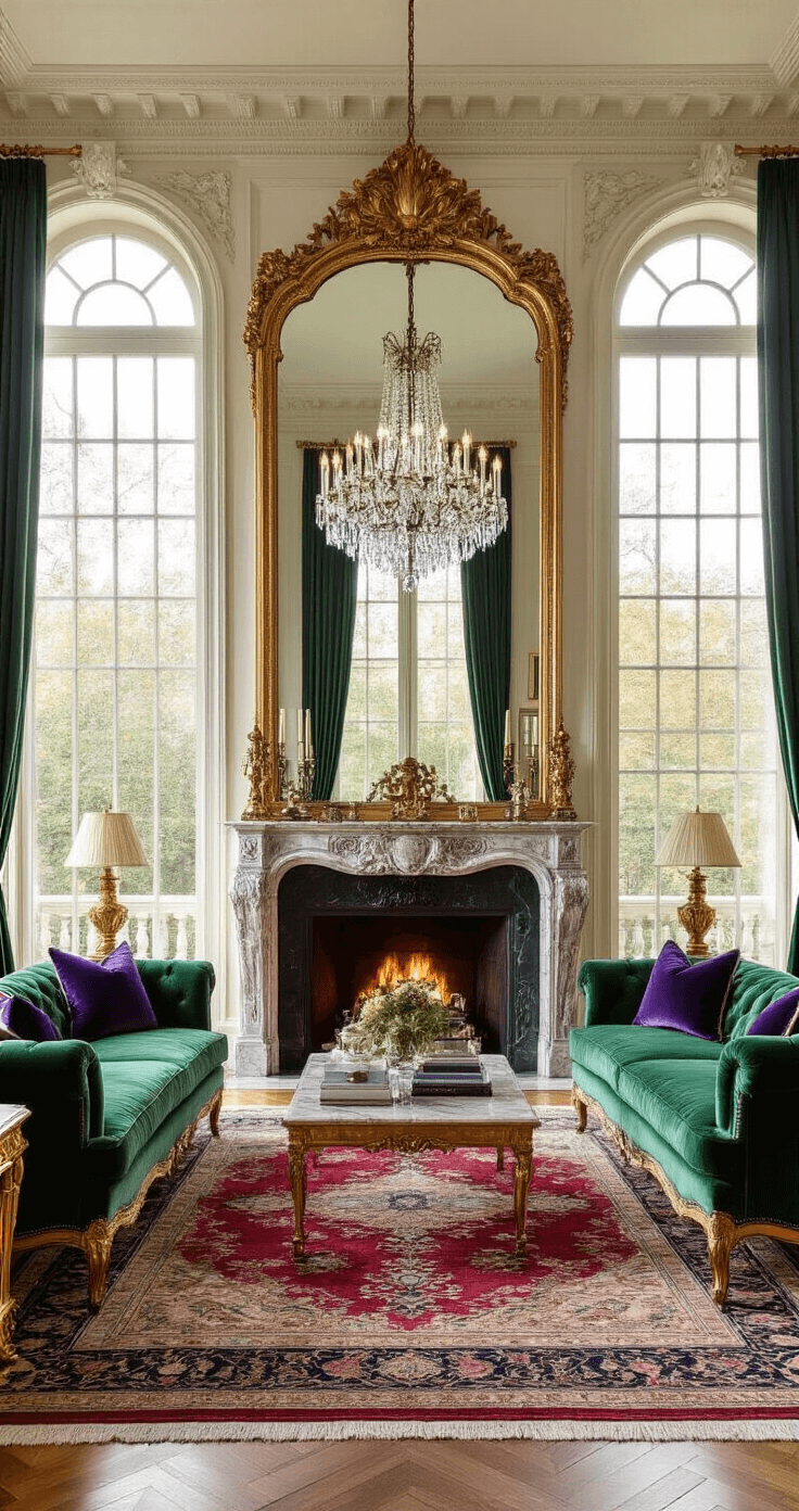 A luxurious grand living room featuring high ceilings, ornate moldings, and soft morning light. An enormous gilt-framed mirror reflects a crystal chandelier above an elegant marble fireplace. The room is adorned with emerald green velvet sofas, sapphire blue armchairs, and amethyst accent pillows, complemented by a large Persian rug in deep reds and golds. Gilded side tables and ornate lamps contribute to the opulent ambiance.