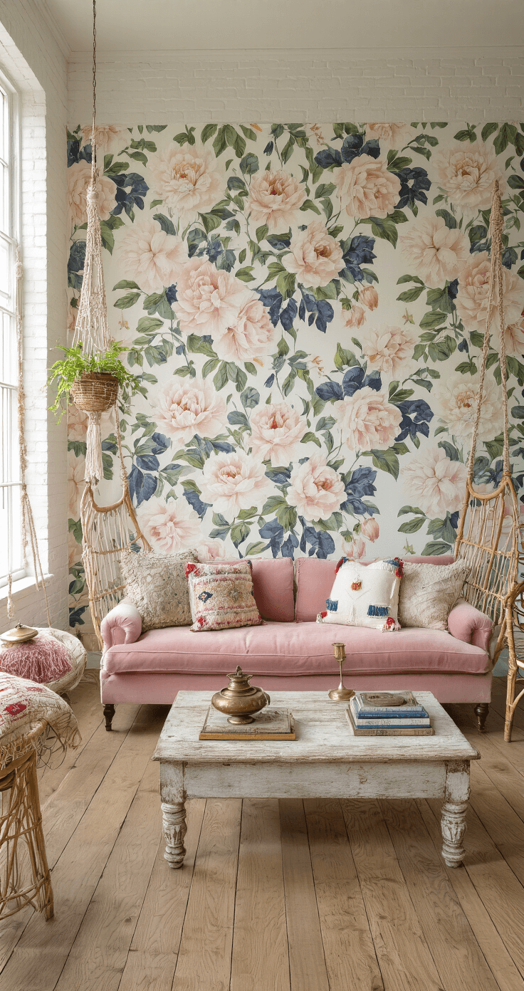 A bohemian-inspired living room featuring white-painted brick walls, wide-plank oak floors, and a large-scale floral wallpaper with oversized peonies. The blush pink velvet sofa is adorned with eclectic pillows, flanked by rattan hanging chairs. A distressed wood coffee table holds vintage books and a brass incense holder, while macramé plant hangers and woven wall baskets add texture. The scene is illuminated by warm afternoon sunlight, creating a cozy atmosphere.